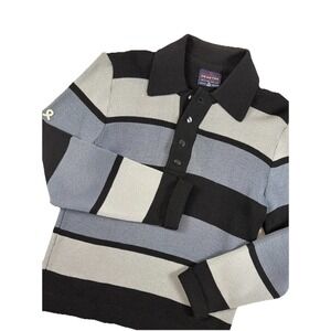 Demetre Ski Sweater Mens M Black Blue Pure Virgin Wool Polo Pullover Vtg 60s 70s